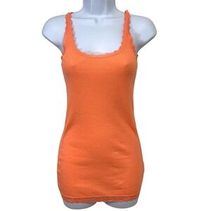 Arizona Y2K Lace Trim Rib Knit Tank Top Orange  Medium  Fitted‎  Romantic Long